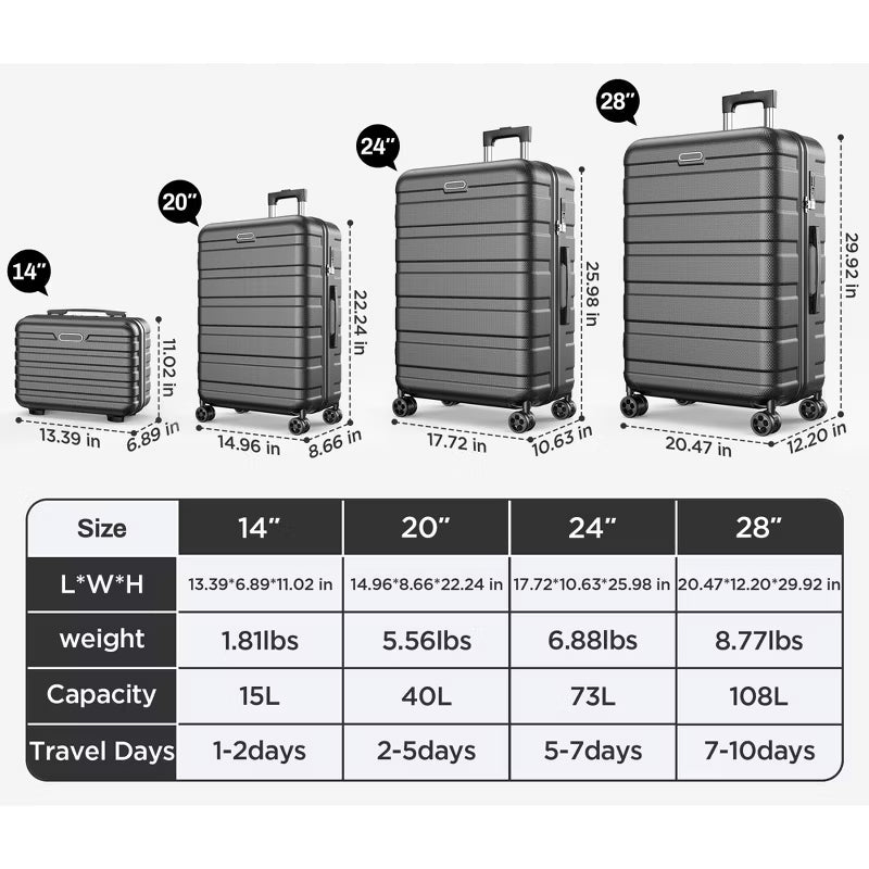 Clearance — 11 PCS Hardshell Luggage Set with Spinner Wheels, Carry-On & Checked Suitcases, Lightweight ABS Hard Shell, Password Lock, Multiple Sizes