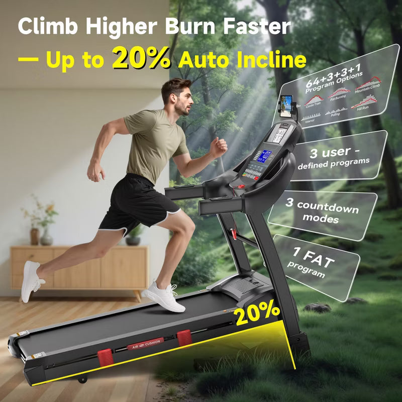 5.0HP Brushless Motor Treadmill with 20% Auto Incline, 400lb Weight Capacity Heavy Duty , 12MPH High Speed