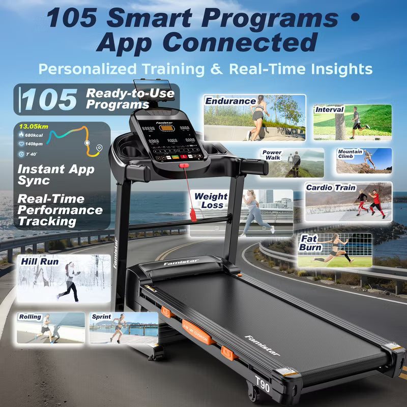 5HP Foldable Treadmill w/ 20% Auto Incline, 400lb Capacity Treadmill, 12MPH Fast Speed,105 Smart Program, APP Control, Walking Running Home Treadmill