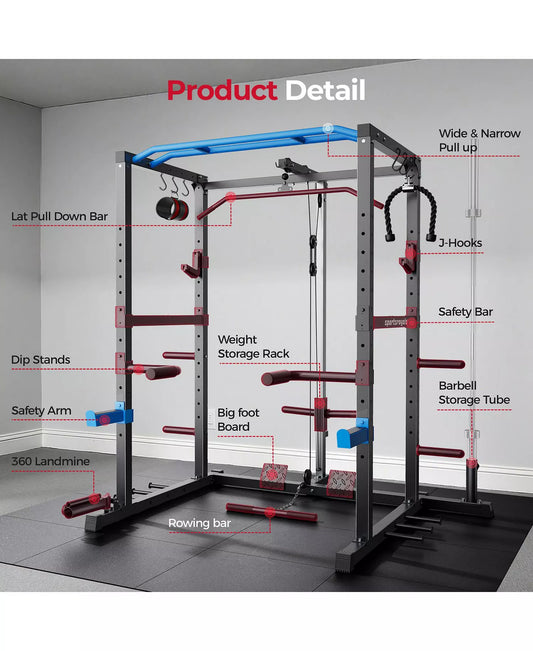 1200LBS Power Rack with Pulley System and LAT Pulldown, Multi-Functional Squat Rack Cage with J-Hooks for Home Gym