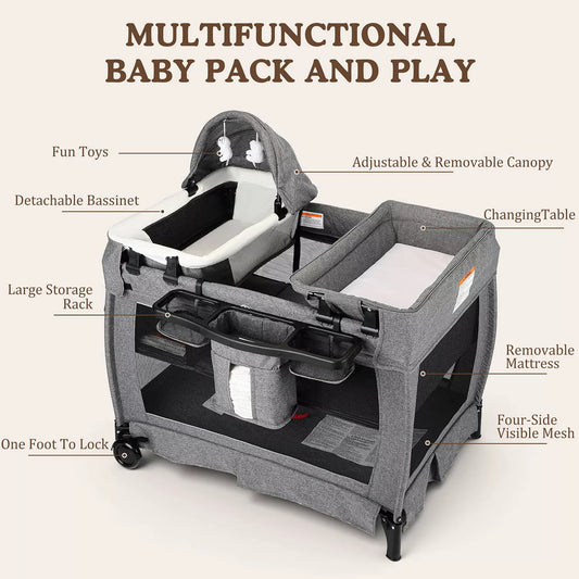 4-in-1 Portable Baby Playard with Bassinet, Changing Table and Canopy