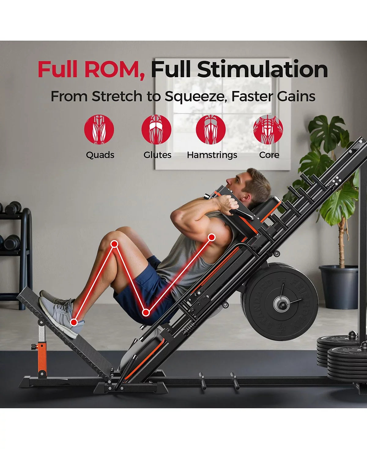 3 in 1 Leg Press Hack Squat Machine with Ultra-Quiet Pulley System, Adjustable Leg Press Machine with Stretch Board