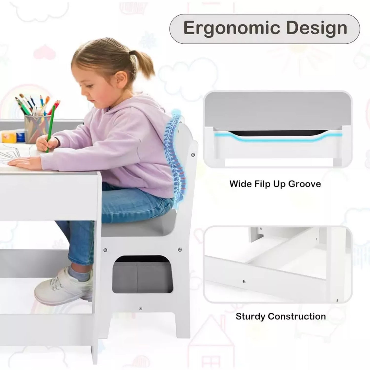 3-in-1 Kids Table with 2 Chairs, Storage and Removable Chalkboard Top