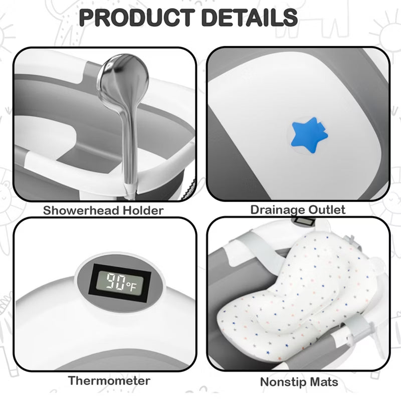 TUMAJUP Collapsible Baby Bathtub for Infants and Toddlers with Soft Cushion and Thermometer-Gray