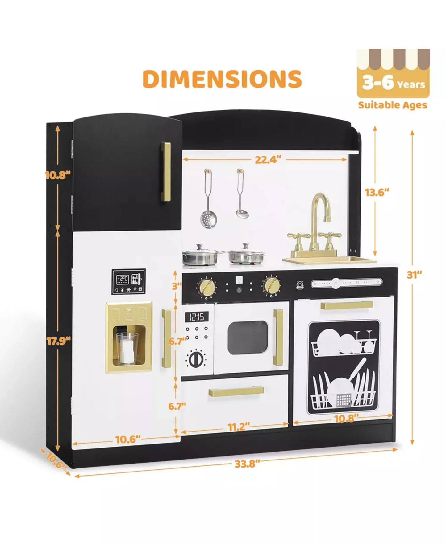 Wooden Pretend Play Kids Kitchen, Toy Kitchen Playset With Oven, Microwave for Boys Girls Age 3+