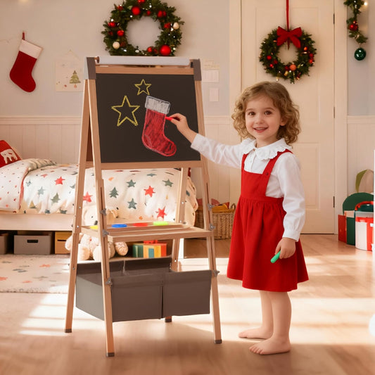 Kinder King 3 in 1 Wooden Kids Easel, Adjustable Art Easel for Kids, Double-Sided Magnetic Whiteboard & Chalkboard, Paper Roller, Art Supplies, Coloring Drawing Easel Toddler Gift Ages 3+, Grey