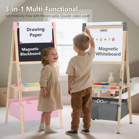Kinder King 3 in 1 Wooden Kids Easel, Adjustable Art Easel for Kids, Double-Sided Magnetic Whiteboard & Chalkboard, Paper Roller, Art Supplies, Coloring Drawing Easel Toddler Gift Ages 3+, Pink