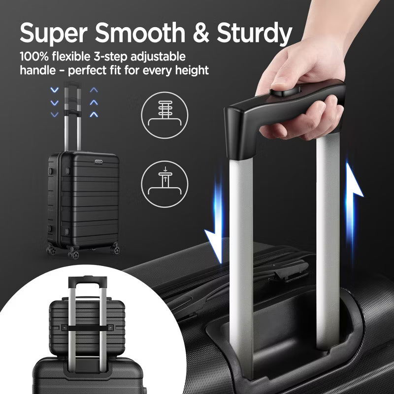 11-Piece Luggage Set: 4 Hardside Spinner Suitcases (14/20/24/28") + 7 Packing Cubes, Durable ABS+PC Lightweight Carry On Travel Set for Family, Black