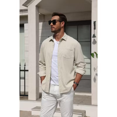COOFANDY Men's Button-Down Long Sleeve with Chest Pockets Shirt Jacket Brown M