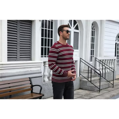 COOFANDY Men's Striped Knit Sweater Long Sleeve Crewneck Pullover for Casual Fall Wear-PAT1-S