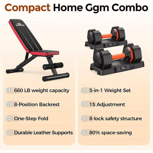 FLYBIRD Adjustable Weight Bench & Dumbbell Set,660LBS Capacity, 55lb Pair (110lbs Total) with Storage Box for Full Body Workouts