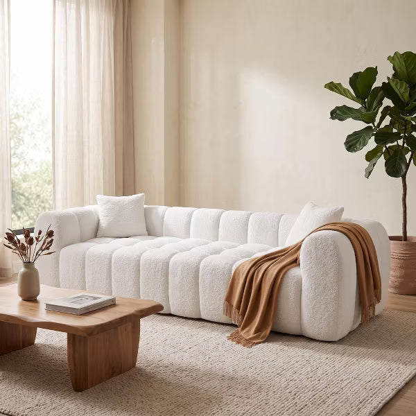 102.7" Marshmallow Cloud Boucle Sofa - Modern 4-Seater Cushioned Compressed Foam Couch, Cloud White