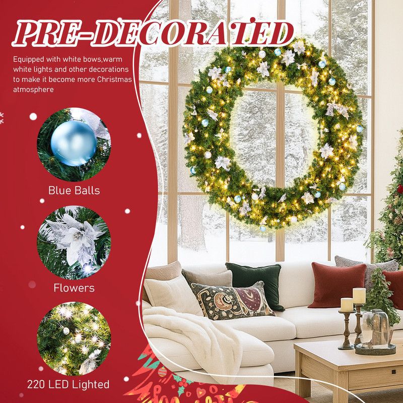 Karl Home Lighted PVC Christmas Wreath with Blue and Sliver Ornaments