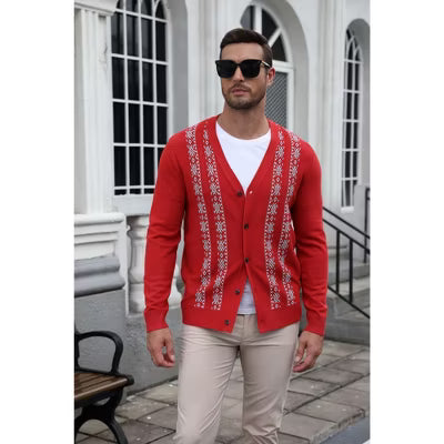 COOFANDY Men's Jacquard Knit Cardigan Sweater Button Front V Neck Vintage Casual Layer-PAT1-S