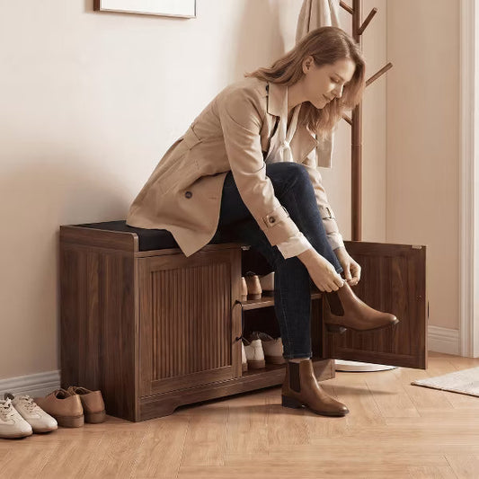 31.5″ Walnut Entryway Storage Bench with Cushioned Seat & Double Doors – Shoe Rack & Bench for Hallway, for Hallway and Entrance Areas