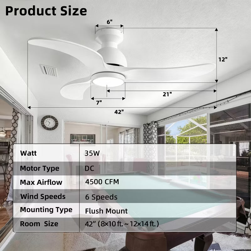 Wanze of Ocean 42 in. 3-Blade Smart Wood Ceiling Fan with Light and Remote, 3-Color Dimmable, Reversible DC Motor, Flush or Downrod Mount, White