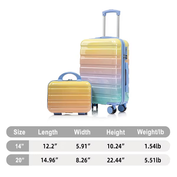 14"/20" 2 pcs/set in PC Spinner Wheel Luggage, Carry on Kid Suitcase, Kid Suitcase wheel, With Gradient Color and Combination Lock, Blue+Yellow