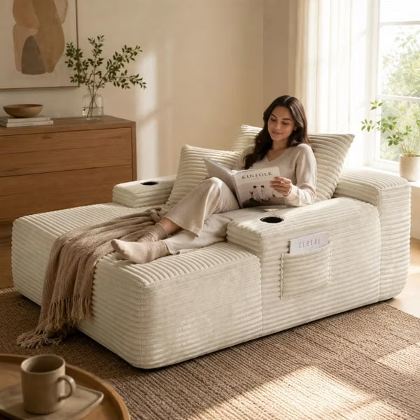 47" Corduroy Convertible Chaise Lounge Chair with Cup Holder, Plush Sleeper Sofa Bed with Pillows, No Assembly Required for Living Room Bedroom Dorm