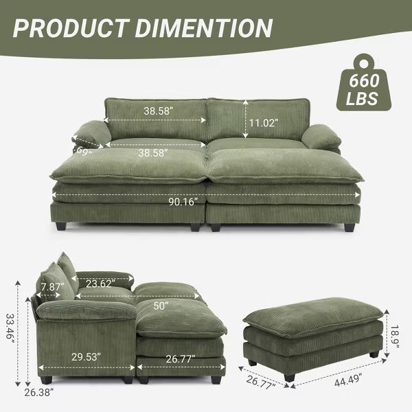 Karl Home |90'' W Green Corduroy Modular Cloud Couch Sleeper Sofa
