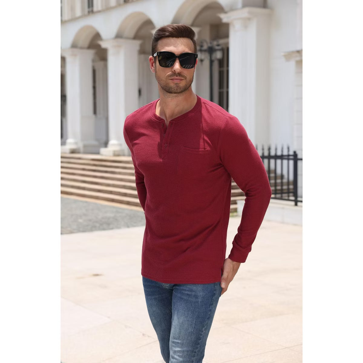 COOFANDY Men's Waffle Knit Henley Shirt Long Sleeve Button Placket Casual Thermal Top-Black-S