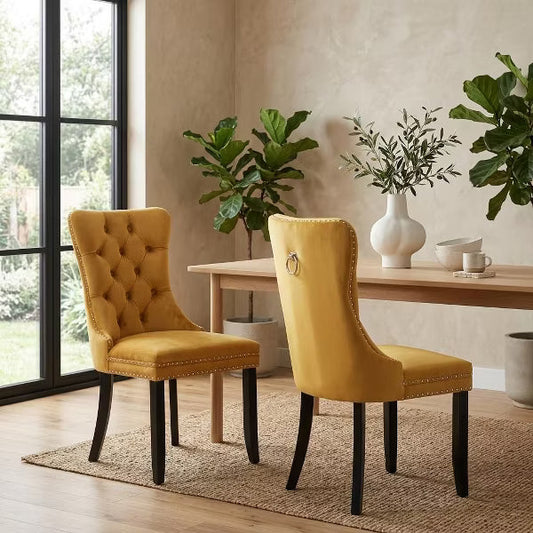 Set of 2 Tufted Velvet Upholstered Accent Chairs with Wood Legs, Modern Dining Chairs, College Dorm Room Decor & First Apartment Furniture