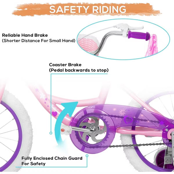 Hykolity 14-Inch Kids Bike for Girls Ages 3-7, Flesh Pink, with Training Wheels, Doll Seat, Basket, Adjustable Saddle, Dual Brakes, Pink
