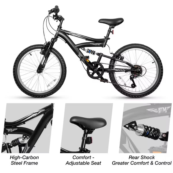 Hykolity Kids Mountain Bike 20 inch MTB Bicycle Age 6-12 Years Height 42-56 in Tween Cycling Full Suspension Sport Outdoor Bikes - Jet Black
