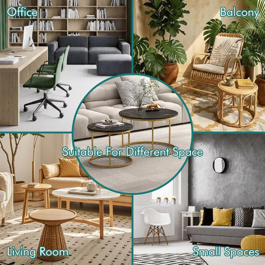 27.6in Nesting Coffee Table Set of 2, Round Coffee Table Wood Top with Sturdy Metal Frame, End Table Side Tables for Living Room Bedroom Balcony Yard