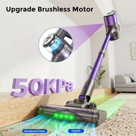 Teendow Vacuum Cleaner for Home 300W, 50kPa Brushless Motor Cordless Stick Vacuum Rechargeable for Per Hair, Carpet, All Floors,Purple