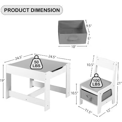 Kinder King 3-in-1 Kids Table & 2 Chairs Set with Storage, Removable Top & Blackboard, for Art, Crafts, Reading, Play, Grey