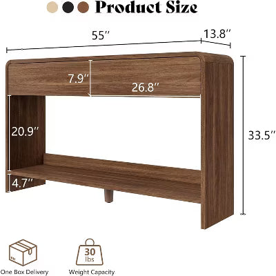 AMERLIFE 55" Modern Console Table with 2 Storage Drawers and Open Shelf, Rounded Edges, Brown