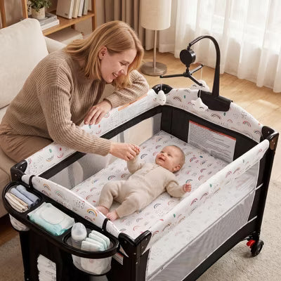 Kinder King 4-in-1 Portable Baby Pack and Play Bedside Crib with Bassinet, Changing Table, Storage Basket, Side Zipper & Travel Bag, Rainbow