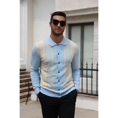 COOFANDY Men's Lapel Collar Polo Knit Long Sleeve Lightweight Cardigan Sweater Black S