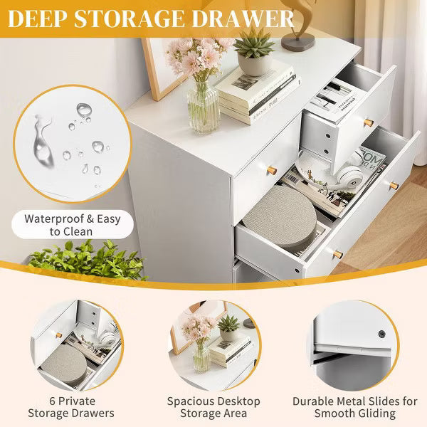 Karl Home 6-Drawer Large Dresser for Bedroom and Chest of Drawers with Sturdy Construction Wood Storage Organizer for Closet In white