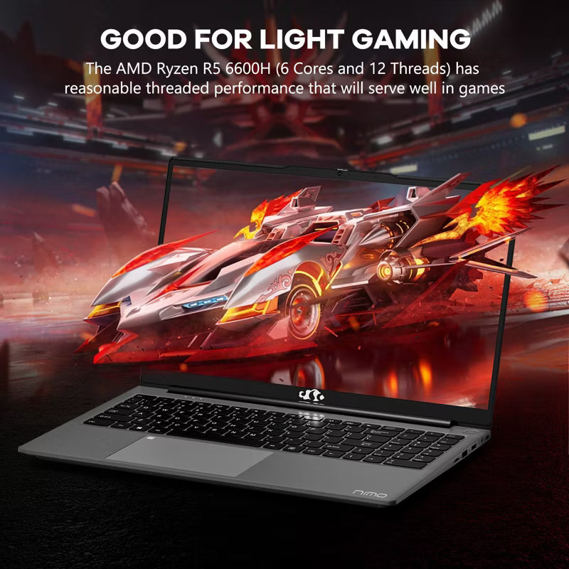 NIMO 15.6" IPS FHD Laptop, AMD Ryzen 5 6600H 16GB RAM DDR5 512GB SSD Radeon 660M 4.5GHz PD 100W Backlit Keyboard Win 11 Gray