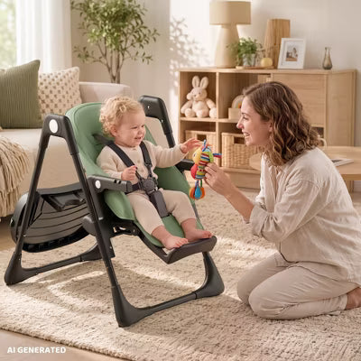 Kinder King Foldable High Chair for Baby, Toddler Feeding Chair with Detachable Double Trays, Green