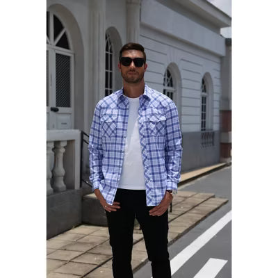 COOFANDY Men's Cotton Plaid Long Sleeve Casual Shirt Navy Blue-White S