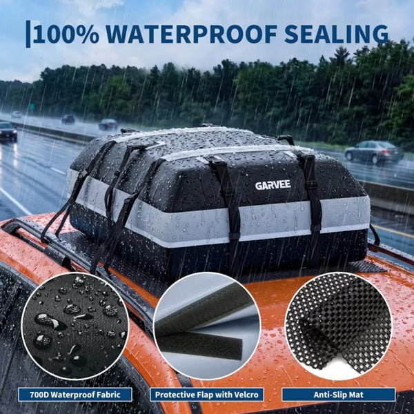 21 Cubic Feet Waterproof Car Roof Cargo Bag, Soft Shell Roof Storage with Lock, Straps, Anti-Slip Mat & Door Hooks