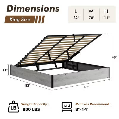 AMERLIFE King Size Lift Up Storage Bed with Storage Underneath, No Headboard, White Oak