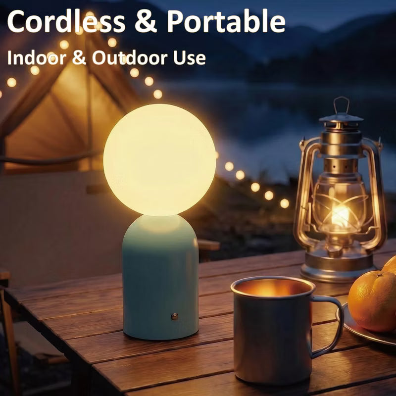 Opal White Glass Shade Blue Metal Base Rechargeable Table Lamp, Nordic Style Cordless Bedside Lamp, Calming Blue LED Light for Living Room Study