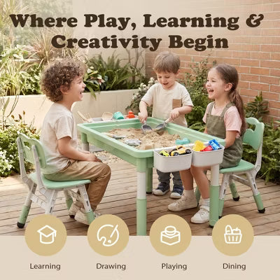 Kinder King 3-in-1 Kids Activity Table and 2 Chairs Set, Reversible Large-Size Building Block Table with Storage, Green
