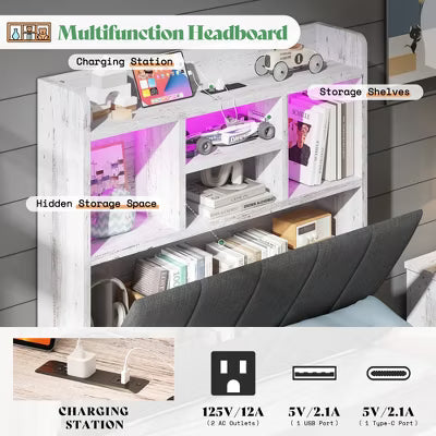AMERLIFE Twin LED Bed with 4 Storage Drawers, Bookcase Headboard and Charging Station, Rustic White