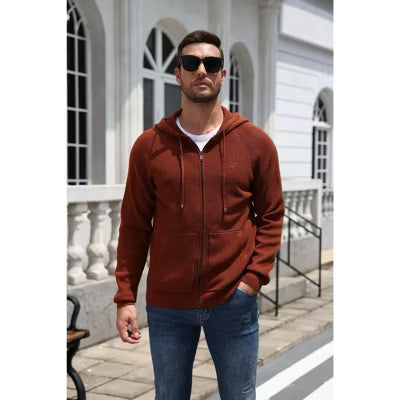 COOFANDY Men's Hooded Zipper Drawstring Zip Up Long Sleeve Knit Sweatshirts Blue XL