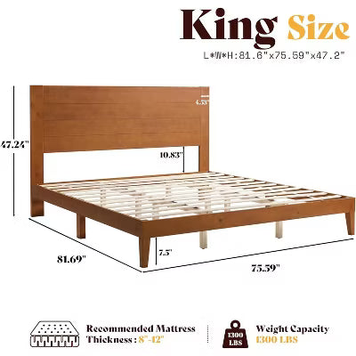 AMERLIFE King Solid Pine Wood Platform Bed Frame with 47.2" Headboard, Wood Slats, Brown