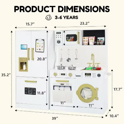 Kinder King Wooden Play Kitchen Set for Kids with Sink, Freezer, Ice Maker, Washing Machine & Accessories Large Storage & Realistic Features,White