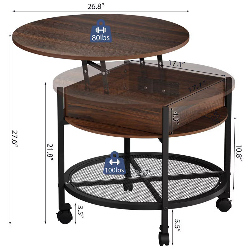 Karl Home Lift Top Round Coffee Table with RGB LED Lights and Lockable Casters for Living Room