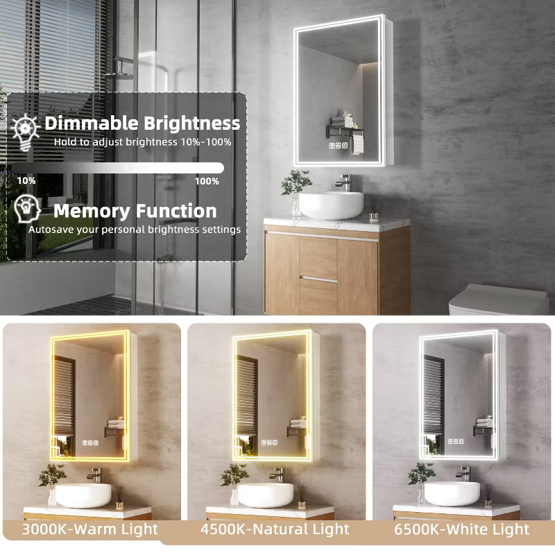 FAMYYT 20x28 inch Aluminum LED Bathroom Medicine Cabinet with Mirror and Lights, Surface/Recessed Vanity, Anti-Fog, Left Hinge, Black
