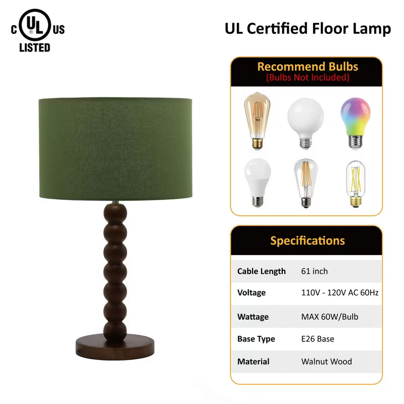 Walnut Wood Ball Table Lamp Green Shade, Walnut Sphere Accent Lamp, Green Shade Wooden Desk Lamp for Bedroom Study Living Room