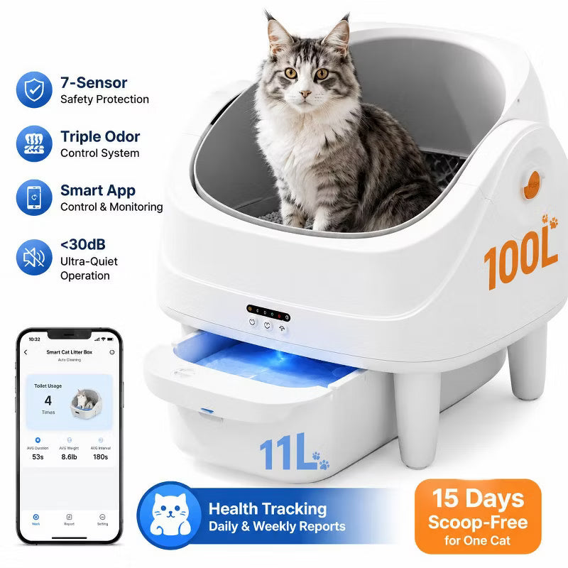 Upgraded Cat litter box – Large Capacity Self-Cleaning Litter Box for Multiple Cats – Automatic Open-Top Cat Litter Box, White