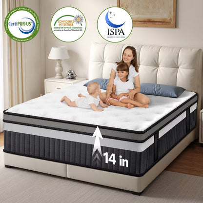 14 Inch Hybrid King Mattress- Medium Firm King Size Bed in a Box - CertiPUR-US Certified Memory Foam, King Size mattress for Pressure Relief